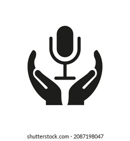 Diseño del logotipo del micrófono de mano. Logo de micrófono con vector de concepto de mano. Diseño de logotipo de mano y micrófono