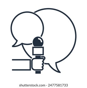 Hand with microphone. Media interview with creative speech bubble. Vector icon in bold line