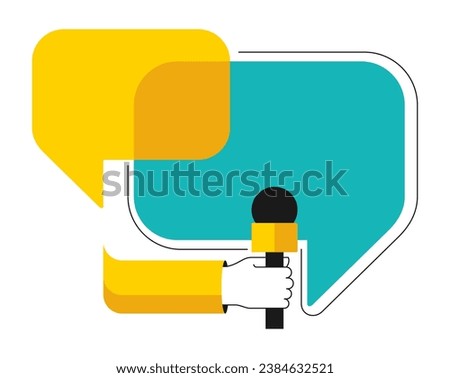 Hand with microphone - Media interview with speech bubble dialog square shape. Isolated vector illustration with copy space