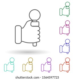 Hand with microphone multi color icon. Simple thin line, outline vector of media, press icons for ui and ux, website or mobile application