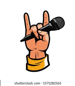 Hand with microphone. Music, concert symbol. Vector illustration