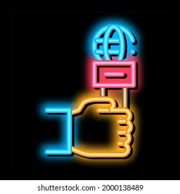 Hand Microphone neon light sign vector. Glowing bright icon Hand Microphone isometric sign. transparent symbol illustration