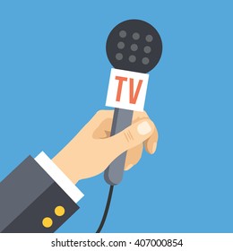 Hand with microphone. News, interview, press conference, live event flat concept. Vector illustration