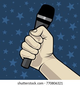 Hand with microphone. On a blue background with stars. Vector illustration.
