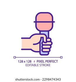 Hand with microphone pixel perfect RGB color icon. Audio recording equipment. Journalist with mic at interview. Isolated vector illustration. Simple filled line drawing. Editable stroke