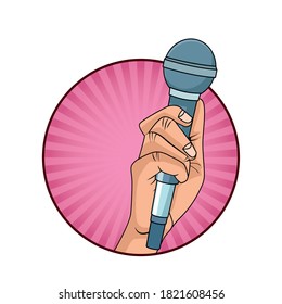 hand with microphone pop art style icon vector illustration design