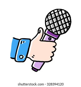Hand with microphone. Press conference. Cartoon vector illustration isolated on white background.