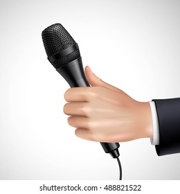 Hand with microphone realistic image detail poster with journalist or reporter at press conference interview vector illustration 