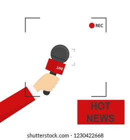 Hand with microphone. Recording frame. Hot news. Checkered background