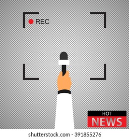 Hand with microphone. Recording frame. Hot news.  Checkered background