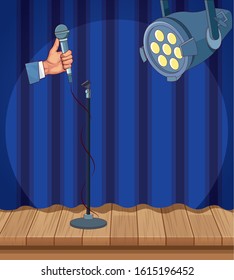 hand with microphone spotlight curtain wooden floor stand up comedy show vector illustration