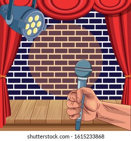 hand with microphone spotlight wall brick stage stand up comedy show vector illustration