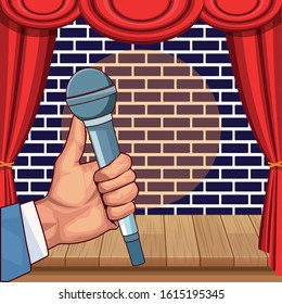 hand with microphone stage wall brick stand up comedy show vector illustration