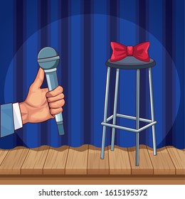 Hand With Microphone Stool Bow Stand Up Comedy Show Vector Illustration