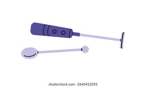 Hand milk frother with tea spoon. Icon of electric foamer for coffee. Cooking tool, kitchen utensil for preparing drinks with cream, cappuccino. Flat isolated vector illustration on white background