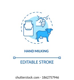 Hand Milking Turquoise Concept Icon. Manual Squeeze Cow Udder. Lactose Farm Product. Dairy Industry Production Idea Thin Line Illustration. Vector Isolated Outline RGB Color Drawing. Editable Stroke