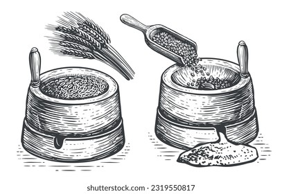 Hand mill is an ancient stone tool for grinding grain products and obtaining flour. Vintage vector. Millstone sketch