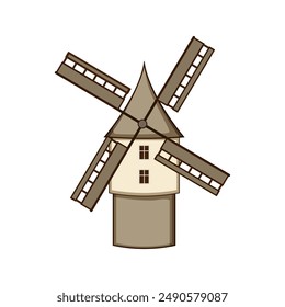 hand mill farm cartoon. flour wheat, old house, countryside bakery hand mill farm sign. isolated symbol vector illustration