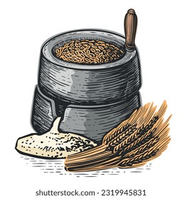 Hand millstones for grain, ears of wheat, flour. Cooking and baking flour, food ingredients. Vector illustration