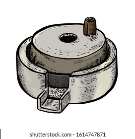 Hand millstones for grain with handle holder. Vintage. Hand realistic drawing. Engraving style vector illustration.