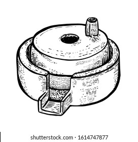 Hand millstones for grain with handle holder. Vintage. Hand realistic drawing. Engraving style vector illustration.