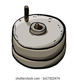 Hand millstones for grain with handle holder. Vintage. Hand realistic drawing.