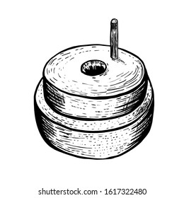Hand millstones for grain with handle holder. Vintage. Hand realistic drawing. Engraving style vector illustration.