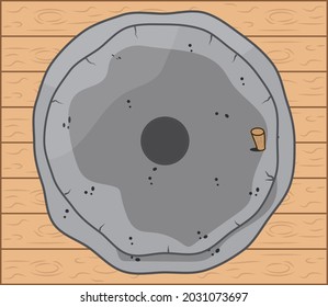 Hand millstones for grain with handle holder. On a wooden table. Vintage. Hand realistic drawing.