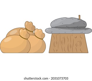 Hand millstones for grain with handle holder. On a wooden table. Vintage. Hand realistic drawing.