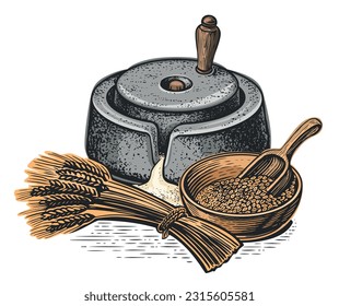 Hand millstones for grain with handle holder, ears of wheat, grains. Cooking and baking flour, food ingredients. Vector