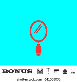 Hand Mirror icon flat. Red pictogram on blue background. Vector illustration symbol and bonus buttons Music center, corkscrew, credit card, house, drum