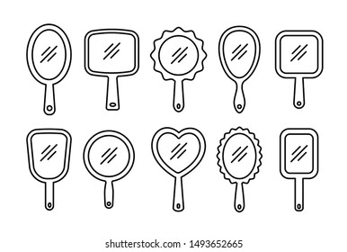 Hand Mirror With Light Reflection. Blank Handheld Makeup Mirrors. Line Icon Set. Female Beauty Accessories. Isolated Objects On White Background