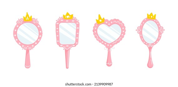 Hand mirror for little princess.Set of pink,vintage mirrors with gold crowns in cartoon style, different shapes.Fantasy drawn elements for baby girl birthday or party.Vector cartoon illustration