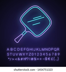 Hand mirror neon light icon. Small mobile tool for self-shaving and makeup. Hairstylist accessory. Glowing sign with alphabet, numbers and symbols. Vector isolated illustration