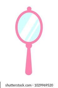 Hand mirror of pink color, princess party elements, object with shining surface allows you to see your reflexion, isolated on vector illustration