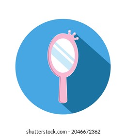 Hand mirror in pink frame for girls flat vector icon isolated on blue background
