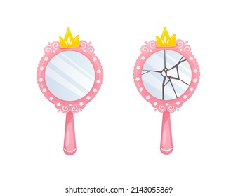 Hand mirror for princess.Broken and whole mirror with gold crowns in cartoon style.Fantasy drawn elements for baby girl birthday or party.Cracks on glass.Vector cartoon illustration