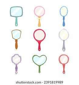 hand mirror set cartoon. reflection beauty, decoration frame, object ornate hand mirror sign. isolated symbol vector illustration