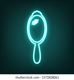 Hand Mirror sign. Cyan neon icon in the dark. Bluring. Luminescence. Illustration.