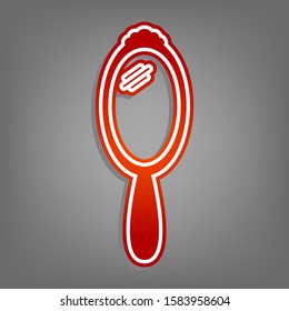 Hand Mirror sign. Flat red icon with linear white icon with gray shadow at grayish background. Illustration.