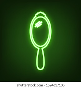 Hand Mirror sign. Green neon icon in the dark. Blurred lightening. Illustration.