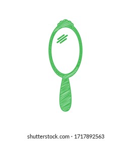 Hand Mirror sign. Green scribble Icon with solid contour on white background. Illustration.