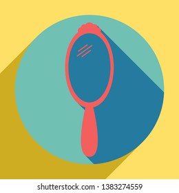 Hand Mirror sign. Sunset orange icon with llapis lazuli shadow inside medium aquamarine circle with different goldenrod shadow at royal yellow background.