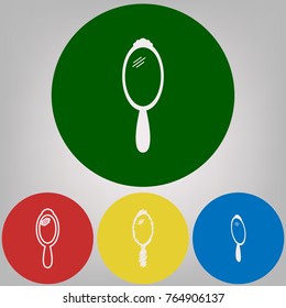 Hand Mirror sign. Vector. 4 white styles of icon at 4 colored circles on light gray background.