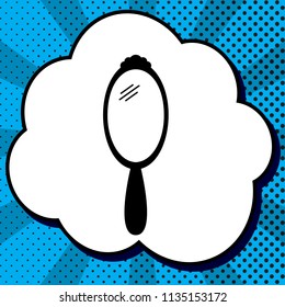 Hand Mirror sign. Vector. Black icon in bubble on blue pop-art background with rays.