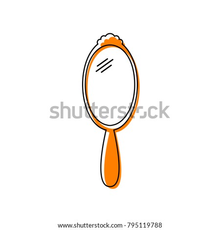 Hand Mirror sign. Vector. Black line icon with shifted flat orange filled icon on white background. Isolated.