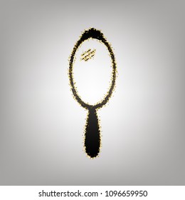 Hand Mirror sign. Vector. Blackish icon with golden stars at grayish background.