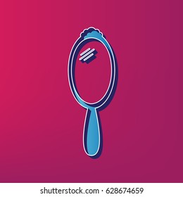 Hand Mirror sign. Vector. Blue 3d printed icon on magenta background.