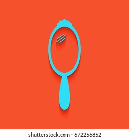 Hand Mirror sign. Vector. Blue icon with soft shadow putted down on flamingo background.