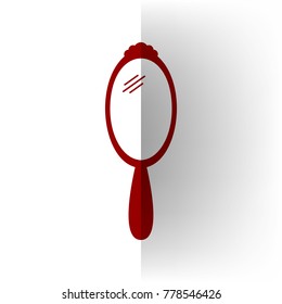 Hand Mirror sign. Vector. Bordo icon on white bending paper background.